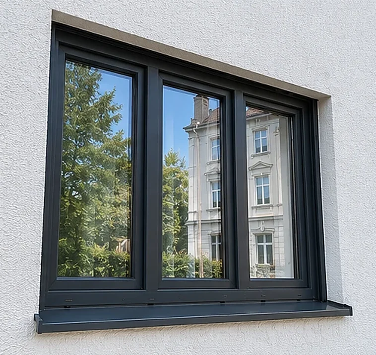 Dreiflügeliges Kunststofffenster in Anthrazit in heller Putzfassade
