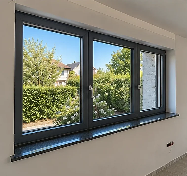 Dreiteiliges Fenster mit Blick in den Garten