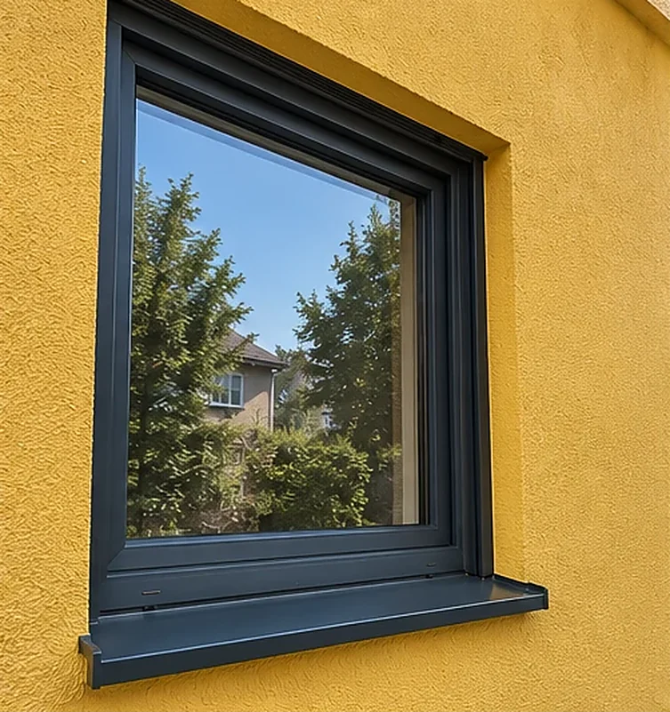Anthrazitfarbenes Kunststofffenster in gelber Putzfassade