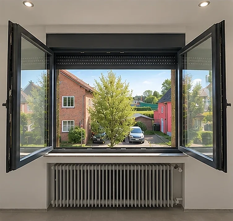 Geöffnetes Fenster mit Rollladen, Blick von innen