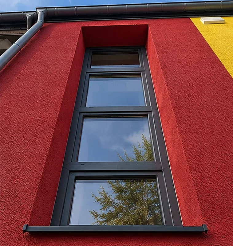 Hohes Fenster in roter Fassade