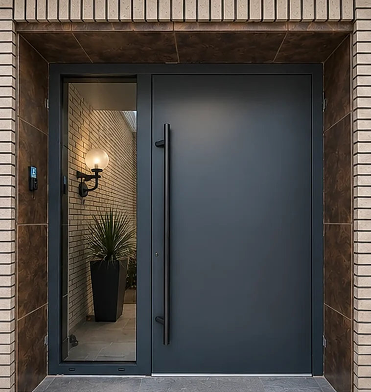 Moderne Aluminium-Haustür in Anthrazit mit Glas-Seitenteil und Stangengriff